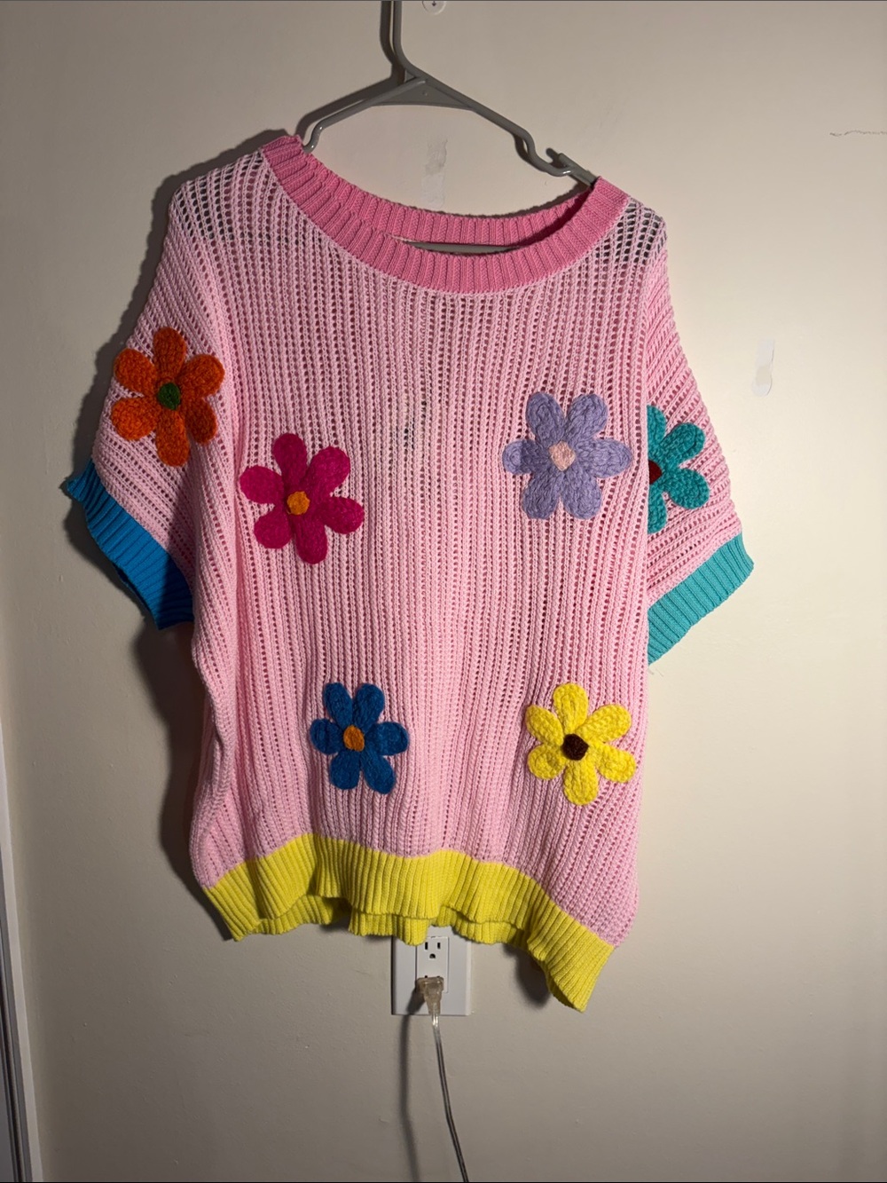 easel Pink Open-Knit Floral Accent Sweater